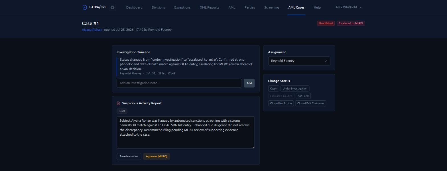 FATCA/CRS Compliance Platform — Investigations & SAR Filing
