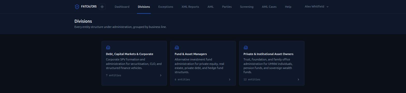FATCA/CRS Compliance Platform — Divisions & Entities