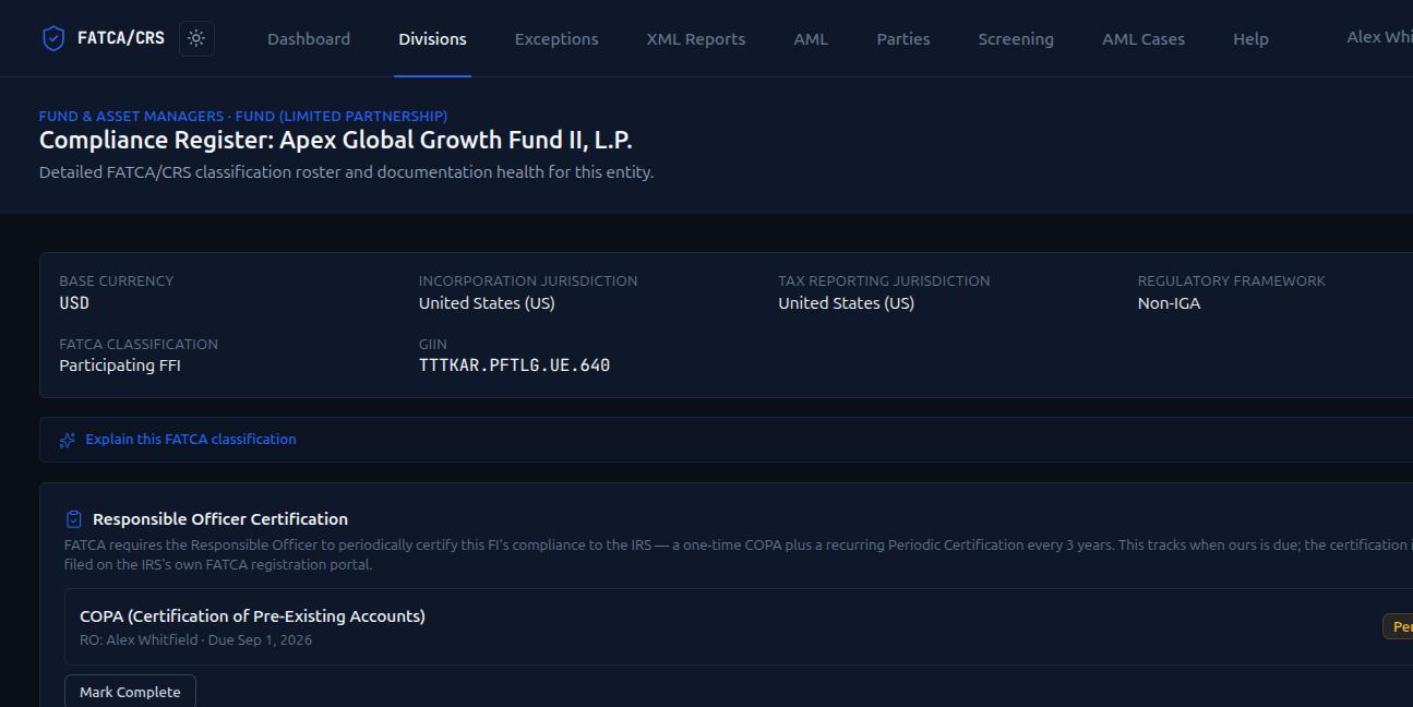 FATCA/CRS Compliance Platform — GIIN & Responsible Officer Certification