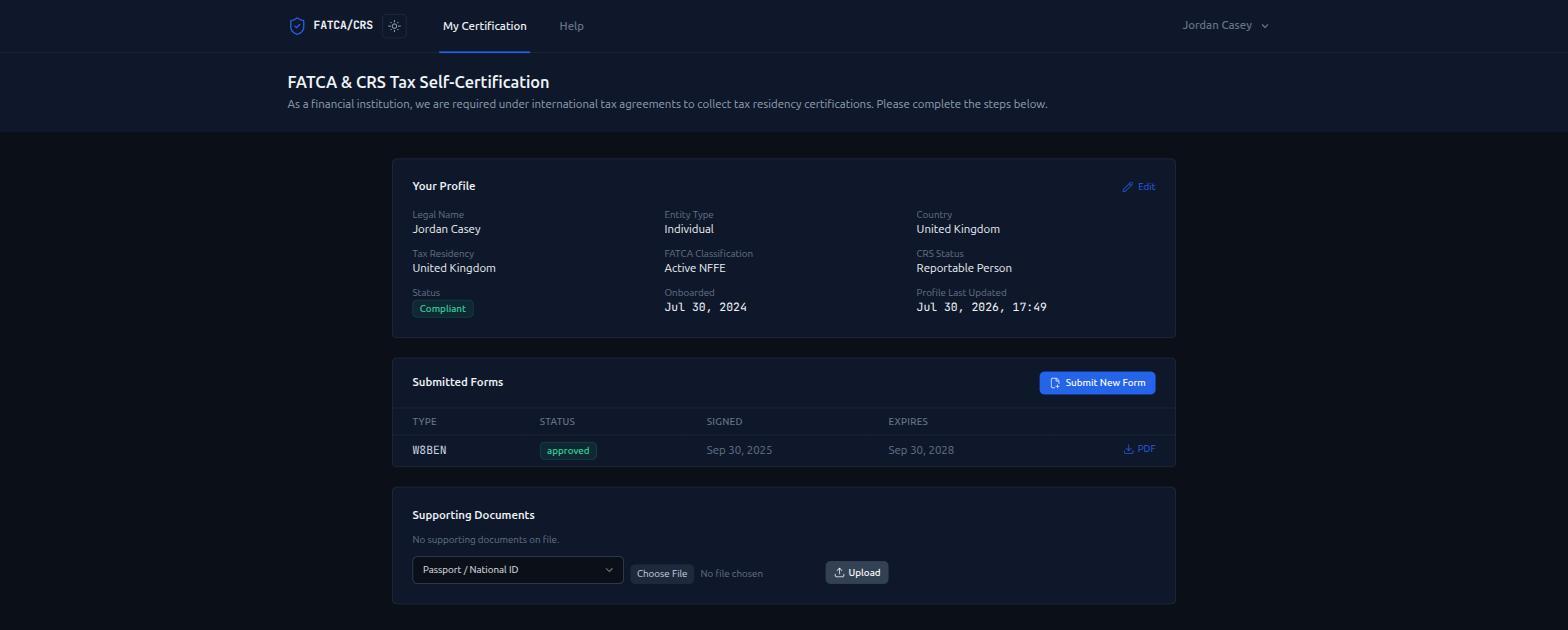 FATCA/CRS Compliance Platform — Investor Self-Service Onboarding