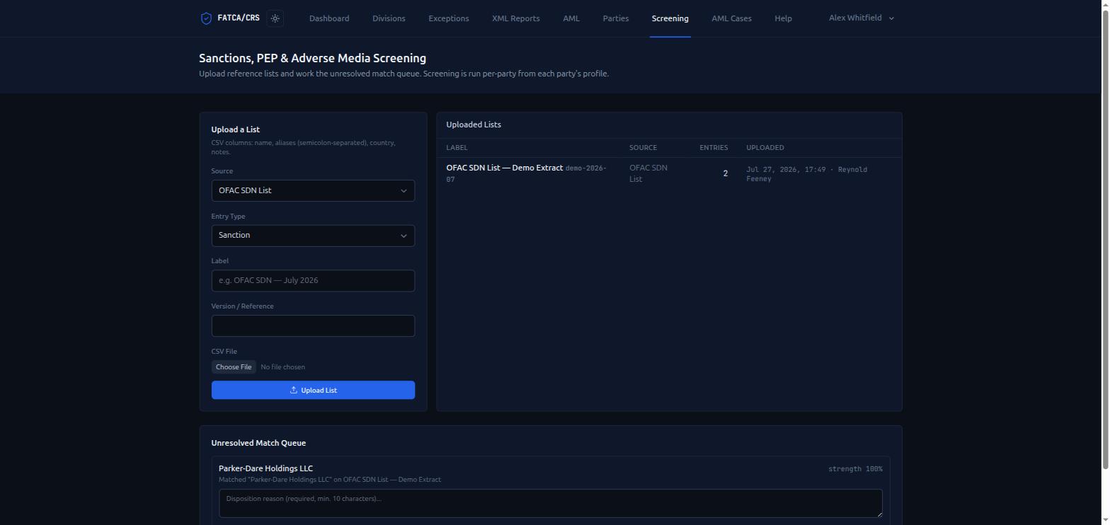 FATCA/CRS Compliance Platform — Sanctions & PEP Screening
