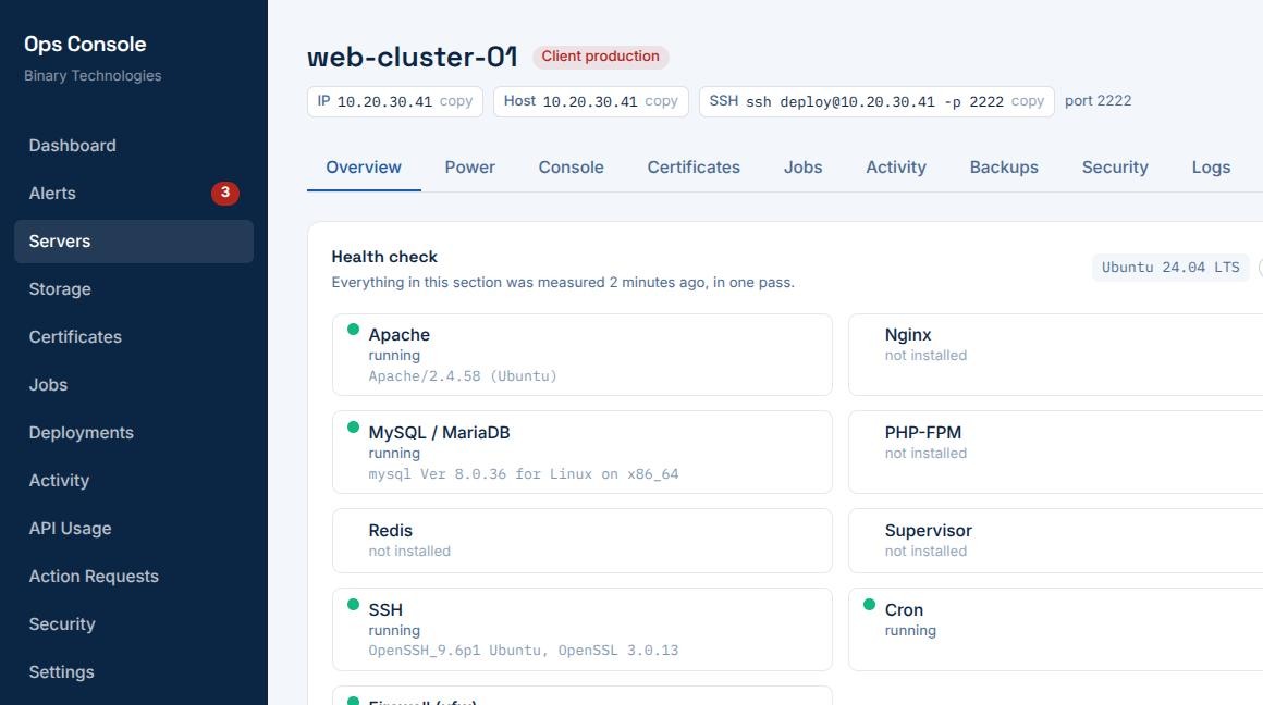 A server health check screen, showing running services and versions