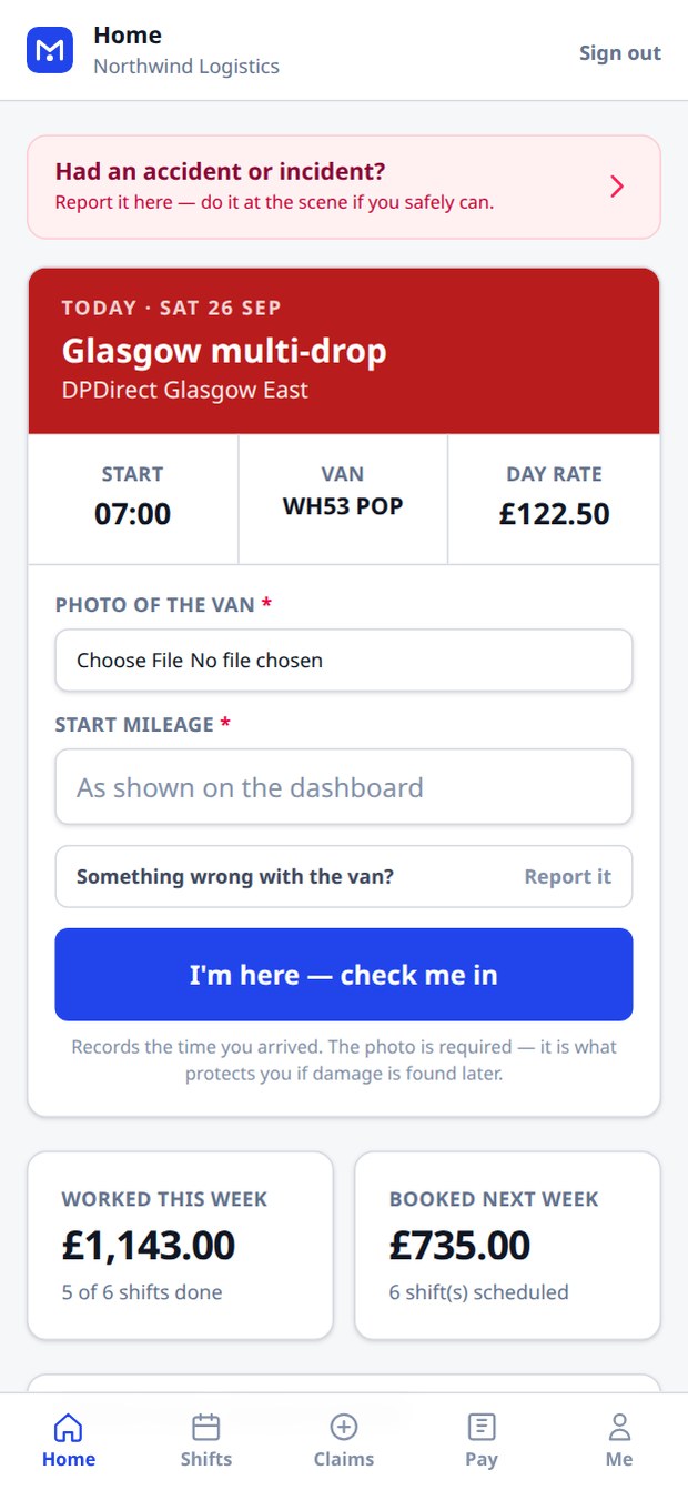 The Insight Marshal driver app on a phone, showing today's shift and day rate, a check-in that needs a photo of the van, and earnings so far