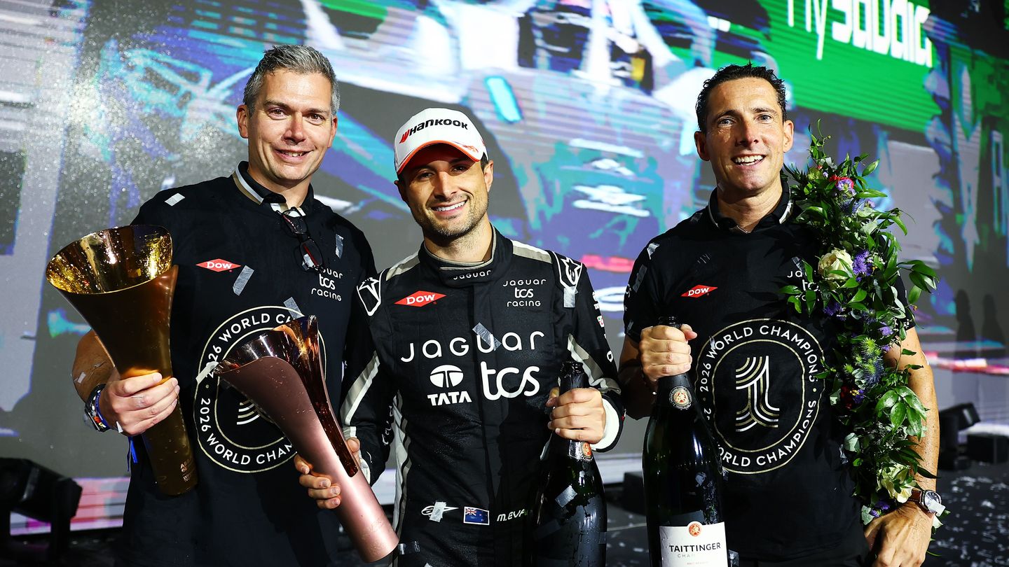 JLR Motorsport's Jaguar TCS Racing team celebrating the 2025/26 Formula E Teams' World Championship