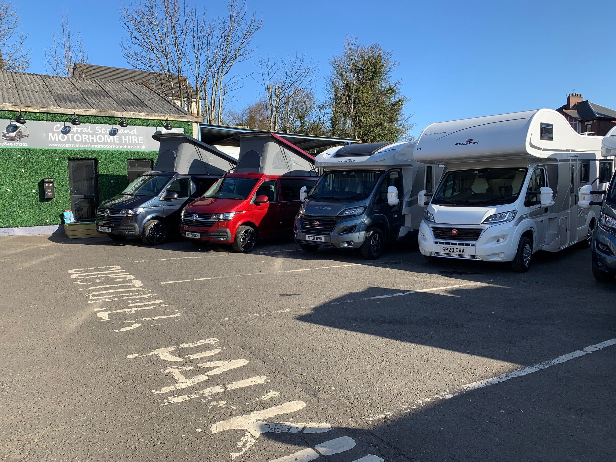 Central Scotland Motorhome Hire's fleet outside their depot